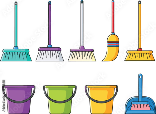 Cleaning tools, brooms, brushes, buckets, dustpan, household items, colorful, cartoon, vector, illustration, hygiene, sanitation