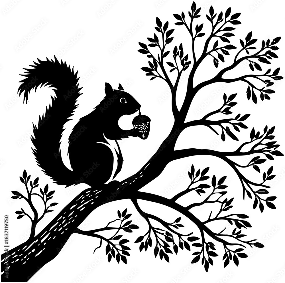 Obraz premium Squirrel Silhouette – Sitting on Branch Holding Acorn in Natural Scene