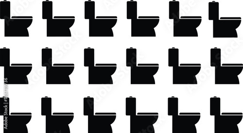 Black Silhouette Vector Collection of Toilets or Water Closets in Profile View, Bathroom Fixture Icons for Plumbing, Hygienic Systems, and Flat Design