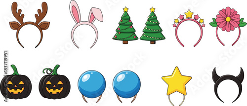 Decorative headbands, costume accessories, festive designs, Halloween, Christmas, Easter, playful fashion, antlers, bunny ears, devil horns, party wear