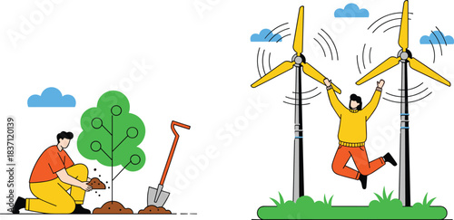 Eco-friendly activities, tree planting, wind energy, renewable power, sustainability, green living, environment