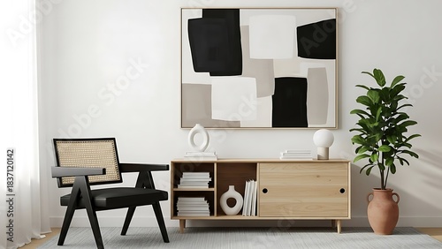 Modern Living Room with Abstract Art and Cane Chair.