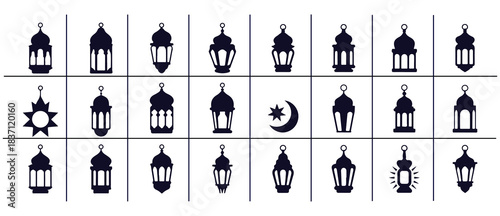 Set of islamic ramadan lanterns and moon star silhouette icons vector illustration for eid al fitr