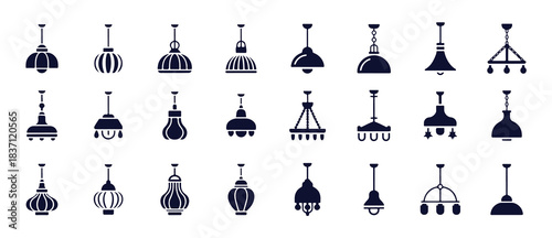 Home interior ceiling chandelier lamps black solid glyph icons set. modern and vintage light fixtures