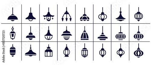 Chandelier and pendant light flat icons set for interior design hanging ceiling lamps collection