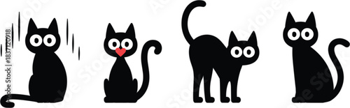 Cartoon black cats illustration, expressive feline poses, emotional character design, vector graphic, pet theme, silhouette style, fun art, playful mood