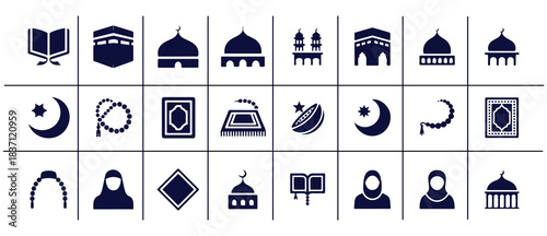 Islamic religion icon set with mosque minaret quran kaaba moon star prayer mat hijab and prayer beads