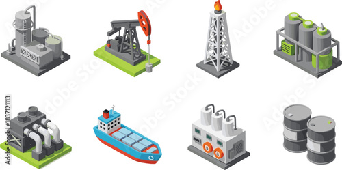 Isometric oil and gas industry icons including refinery, pump jack, cargo ship, barrels, processing units, vector infrastructure illustration