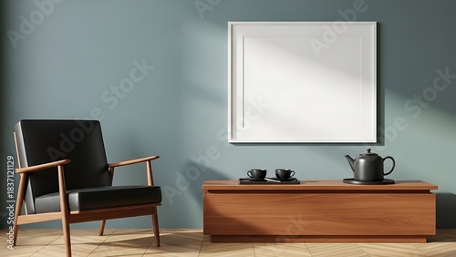 Modern Living Room with Mid Century Armchair and Teapot Display.