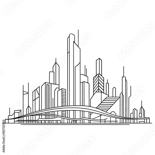 A stylized line drawing depicts a modern city skyline with a prominent bridge.