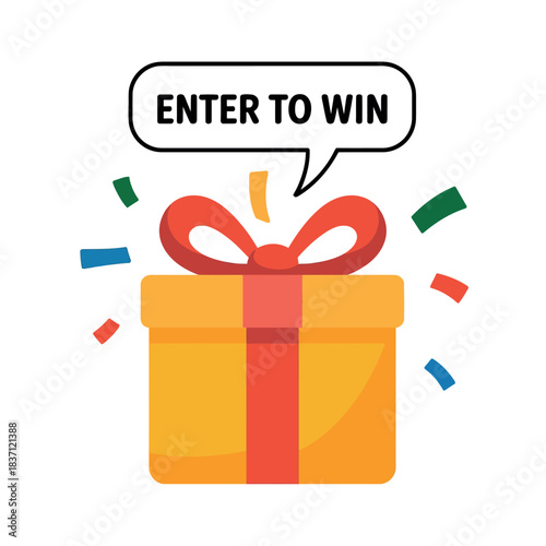 A yellow gift box with a red ribbon sits amidst confetti, announcing "ENTER TO WIN."