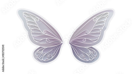 Delicate Translucent Fairy Wings With Intricate Swirl Patterns In Pale Lavender And White Accents Against A Simple Black Background And Outline