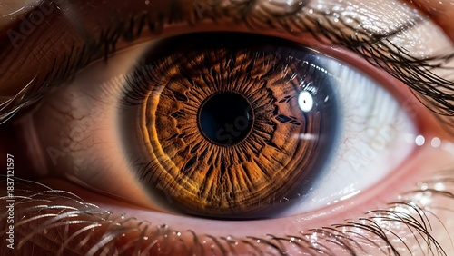 Detailed close-up of a captivating hazel eye with intricate patterns.