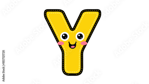 Cute Yellow Letter Y Character With Happy Smiling Face and Rosy Cheeks Isolated on Black Background Vector Illustration