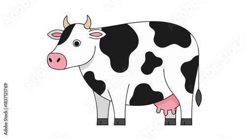 Dairy Cow with Black and White Patches Standing on Black Background Simple Flat Illustration Clean Vector Graphic of Farm Animal