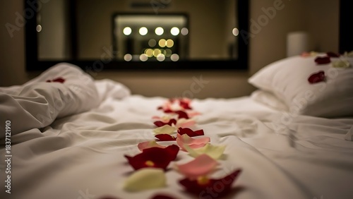 Rose petals on a bed with white sheets and pillows in a dimly lit hotel room with a mirror above