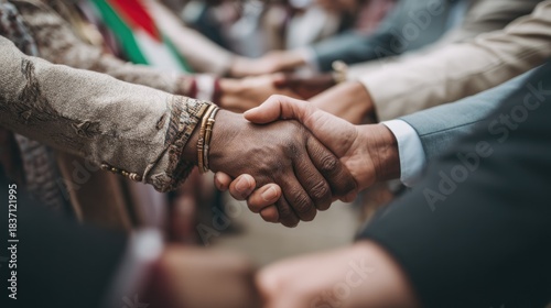 Diverse hands shaking in public setting
