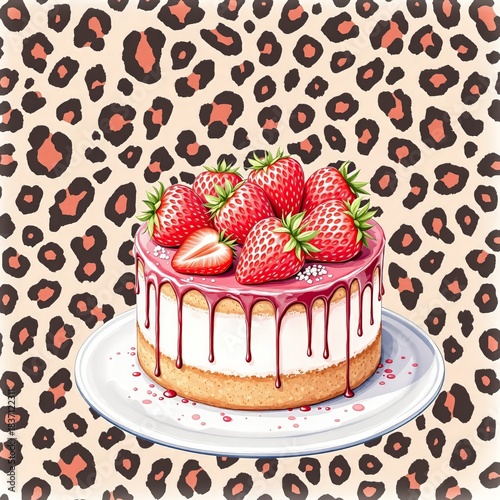 Strawberry cake on leopard print background