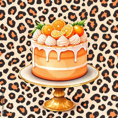 Orange cake with citrus slices and cream on leopard print background