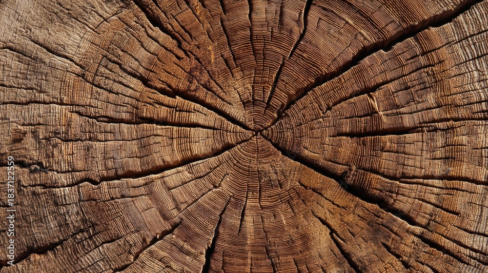Fototapeta premium Close view of a wooden log shows rings and cracks that indicate its age. The textures and patterns are visible in natural light revealing the wood's character.