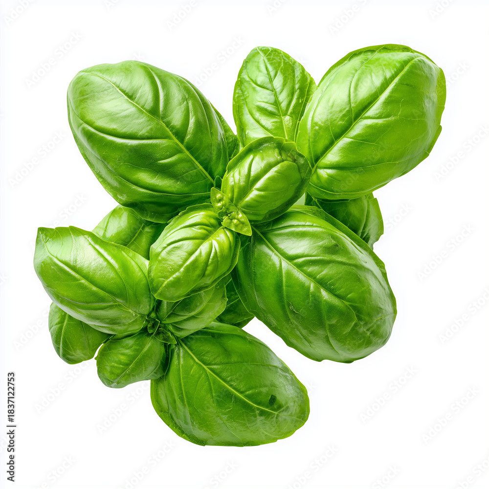 Fototapeta premium fresh basil leaves, vibrant green tones, contrasting white background, flat design aesthetic, suitable for culinary blogs, restaurant menus, organic product packaging