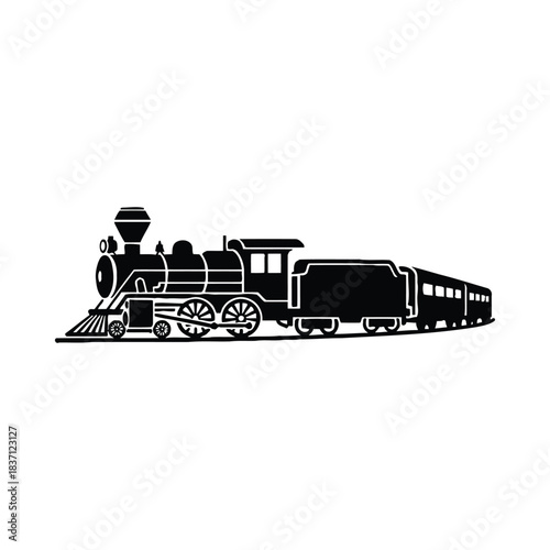 Black Silhouette of a Steam Locomotive Train on White Background steam engine railway