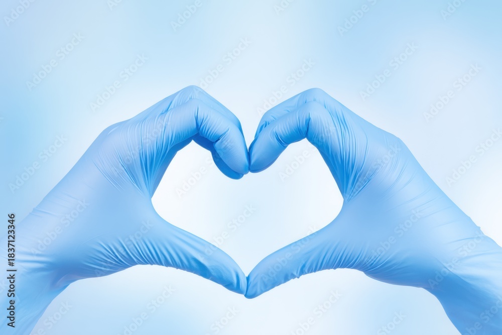 Obraz premium Hands of compassion: In a symbol of care, gloved hands form a heart, embodying dedication and empathy, against a gentle blue backdrop.