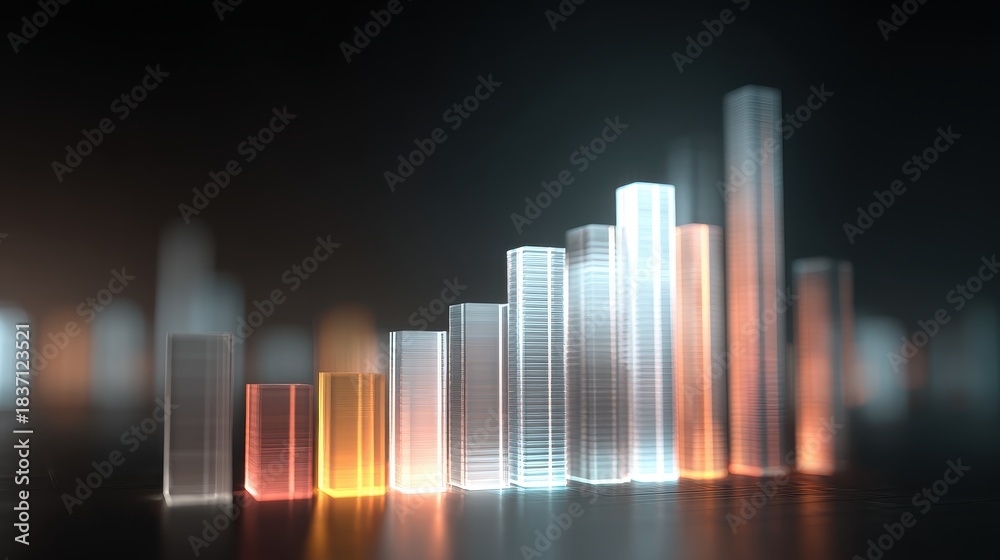 Fototapeta premium Market momentum graph, translucent bars rising with soft glow, 3D illustration.