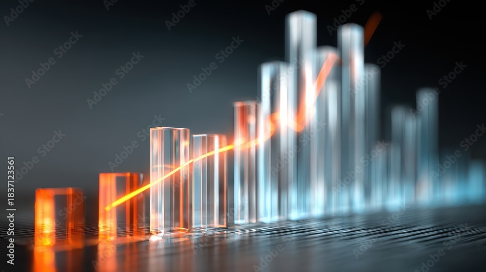 Fototapeta premium Market momentum graph, translucent bars rising with soft glow, 3D illustration.