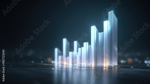 Market momentum graph, translucent bars rising with soft glow, 3D illustration.