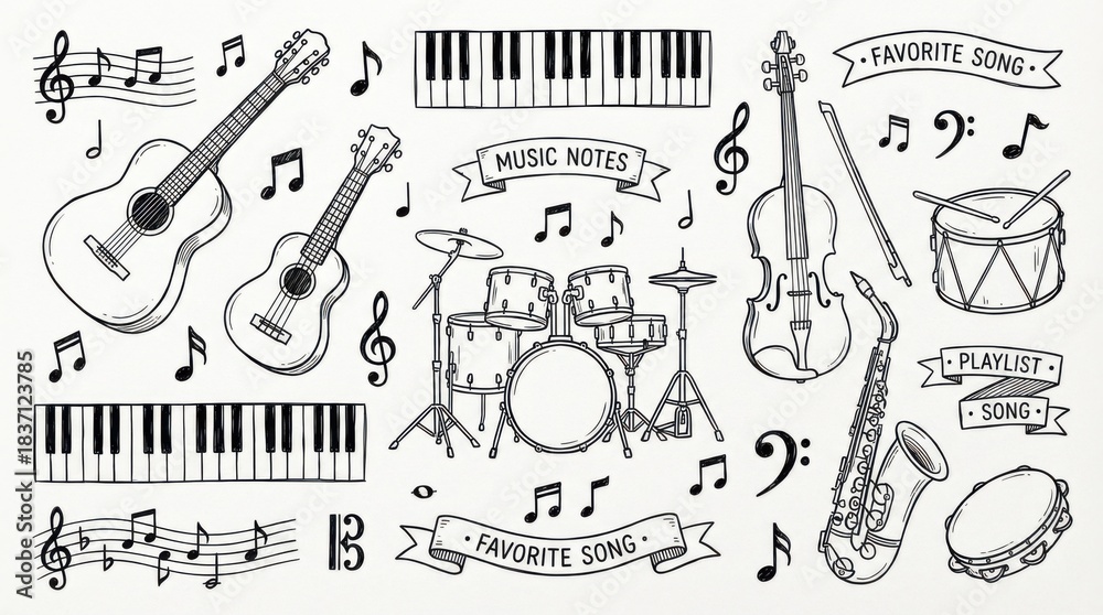 Fototapeta premium hand-drawn music instruments and notes outline elements set created for planners scrapbooking and journaling isolated on white background