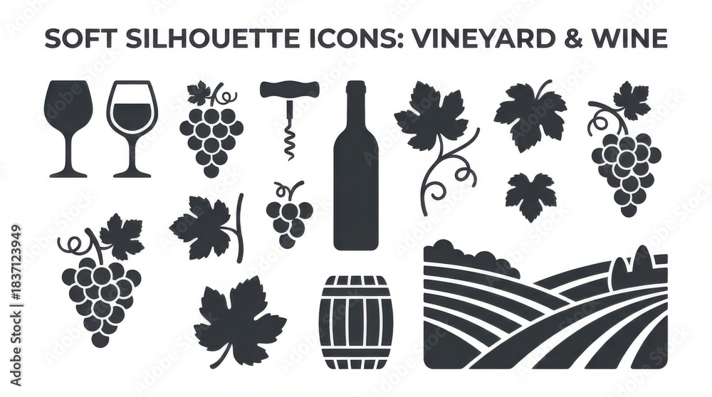 Fototapeta premium soft wine glasses and vineyard elements silhouette set useful for infographics presentations and ui elements isolated on white background