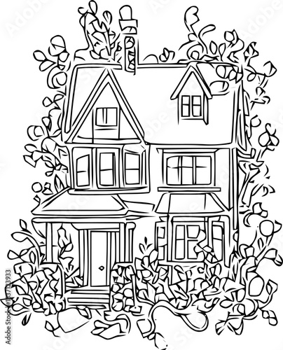 Charming suburban dwelling sketch surrounded by foliage detailed black line art illustration