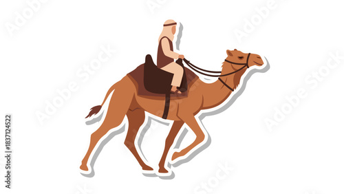 Desert Nomad Riding Camel Across Sandy Dunes Under a Bright Sun A Stylized Flat Illustration With a White Outline and Shadow
