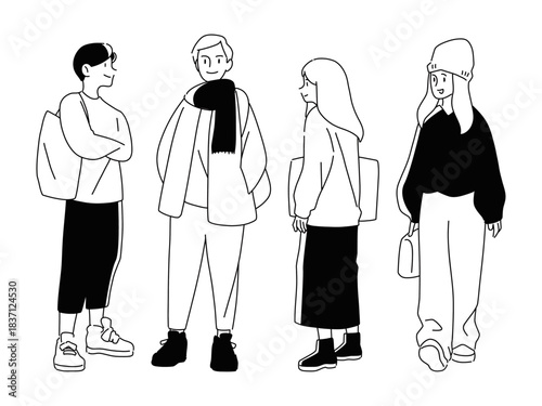 カジュアルなファッションの若い人物の線画イラスト