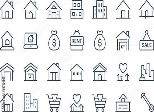A high-definition collection of 30 black line art icons representing houses, buildings, and real estate, perfect for property development and architectural design projects