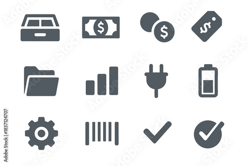 Register vector cash coins banknotes folder barcode plug tag chart icon battery