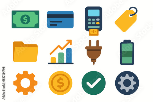 Vector payment icon minimal credit financial folder battery banknote coin checkmark icons