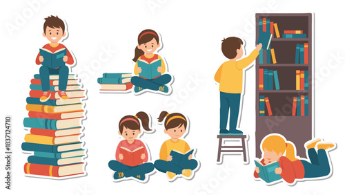 Diverse Children Engaged in Reading Activities Amidst Stacks of Books and Bookshelves A Celebration of Literacy and Imagination