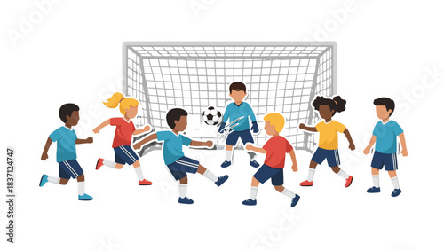 Diverse Children Playing Soccer Game Action Shot Near Goal With Goalie Defending Against Attackers Energetic Outdoor Sport Activity Illustration