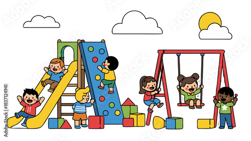 Diverse Group Of Happy Children Enjoying A Colorful Outdoor Playground With Slides Swings And Climbing Wall Under A Bright Sunny Sky With Clouds And A Crescent Sun