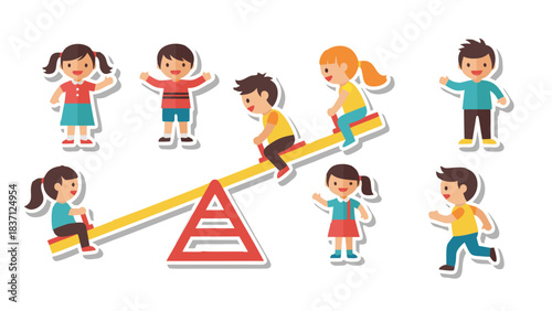 Diverse Group Of Happy Children Playing Together On A Seesaw And Enjoying Outdoor Activities On A Sunny Day In A Park Vibrant Colors Cartoon Style