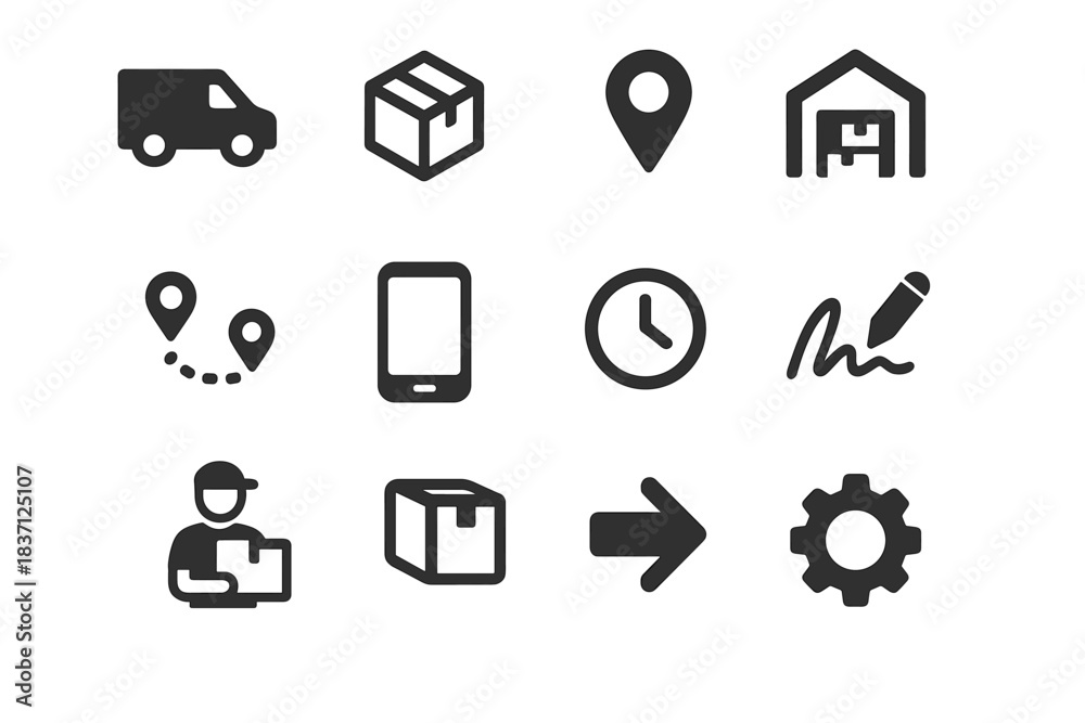 Fototapeta premium Vector parcel courier delivery pin icons signature map clock smartphone service warehouse