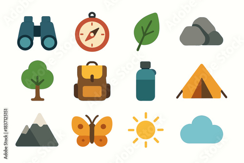 Bottle vector icons leaf binoculars icon mountain backpack butterfly sun compass explorer