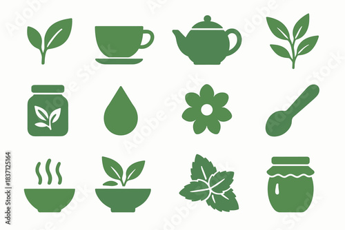 Bowl cup icon steam tea vector leaf spoon mint set icons branch