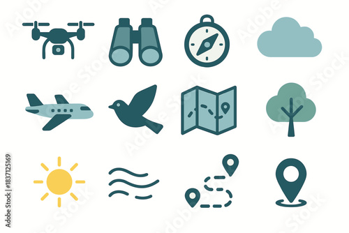 Exploration tree vector icon route bird sky wind binoculars pin icons sun