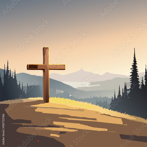 A heartwarming watercolor illustration of a simple wooden cross on a peaceful hillside with gentle nature surrounding it. 