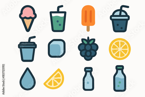 Cube droplet icon soda icons berry straw slice cream smoothie vector cold