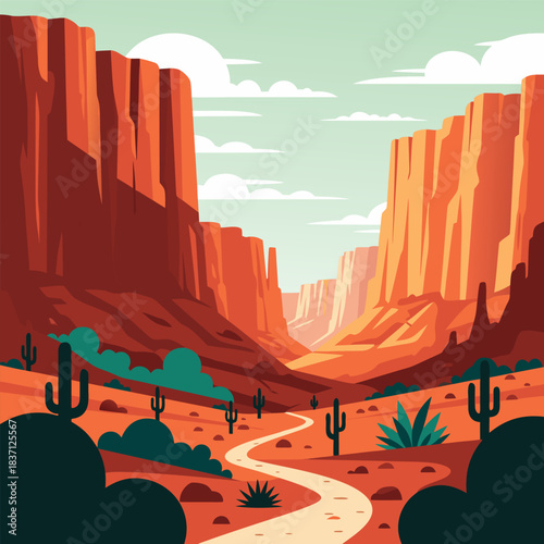 Vast Desert Canyon Landscape Illustration with a Winding Path and Cacti Under a Cloudy Sky