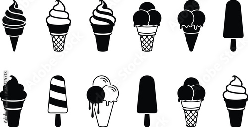 Collection of Black and White Ice Cream Icons, Featuring Cones, Scoops, Soft Serve, and Popsicles, Flat Vector Illustration Set for Menu or Dessert Design, Isolated on White Background,